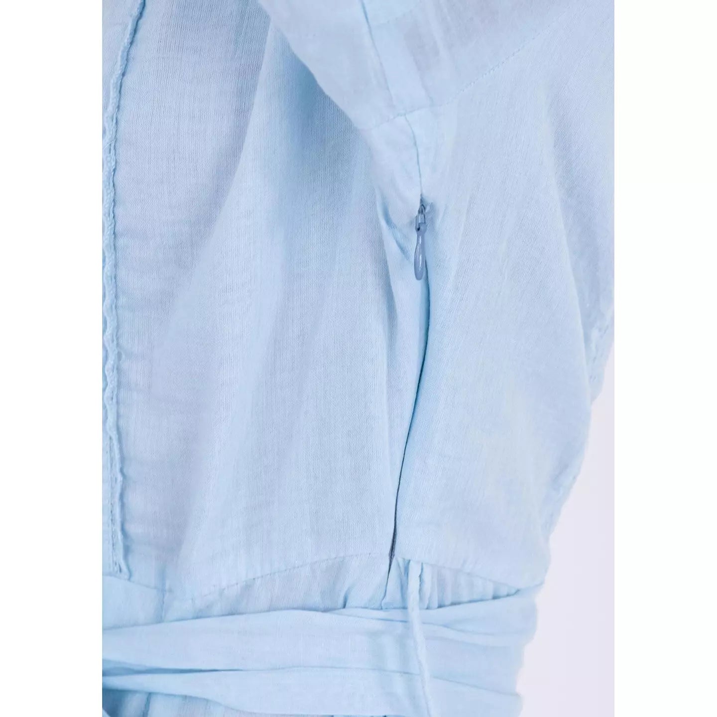 Neo Noir Rigitta Sky Blue Voile Mini Dress – Lace Trim Puff Sleeves Belted | Women