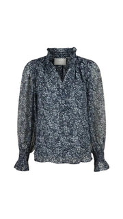 Neo Noir Navy Floral Chiffon Blouse – Ruffle Collar Smocked Cuffs | Women