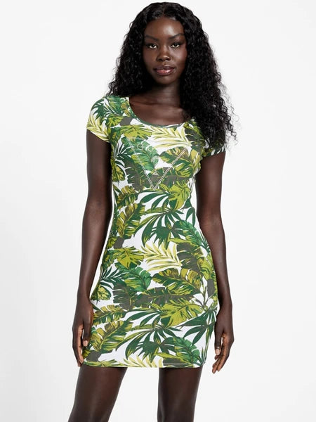 Guess Luciana Tropical Print Logo Mini Dress – Green | Size L