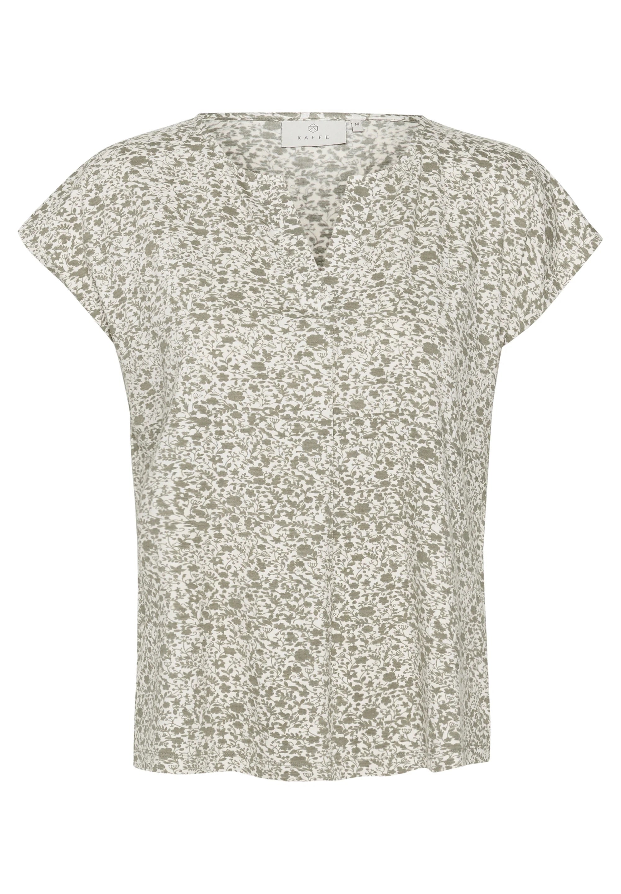 Kaffe KAmille Cream Sage Green Floral Print V-Neck T-Shirt – Cap Sleeves Relaxed Fit | Women