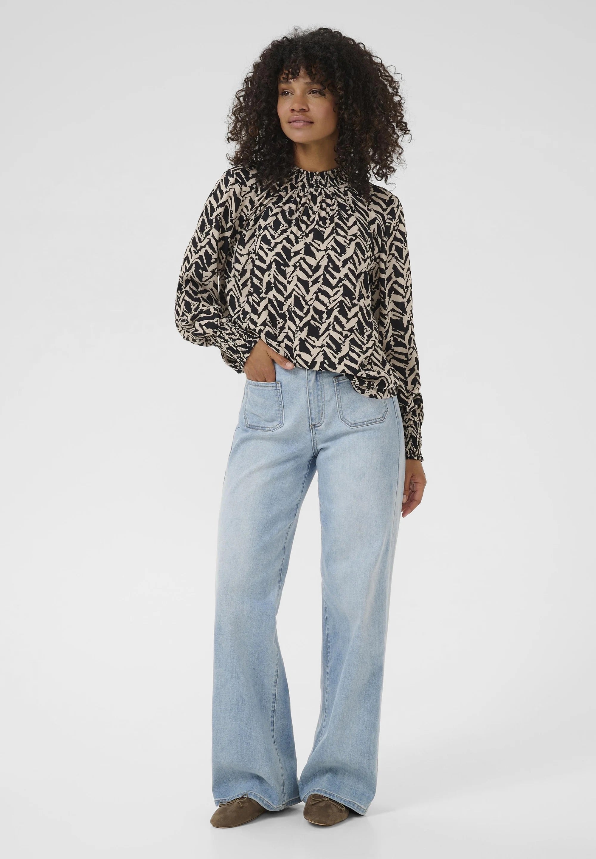Kaffe KAdina Black Cream Abstract Zebra Print Smocked High Neck Blouse – Long Puff Sleeves Smocked Cuffs | Women
