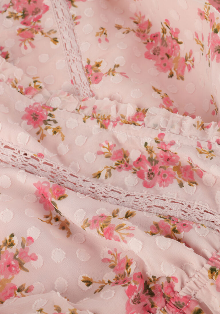 Neo Noir Ada Dreamy Rose Pink Floral Chiffon Mini Dress – Lace Trim Tiered Skirt | Women