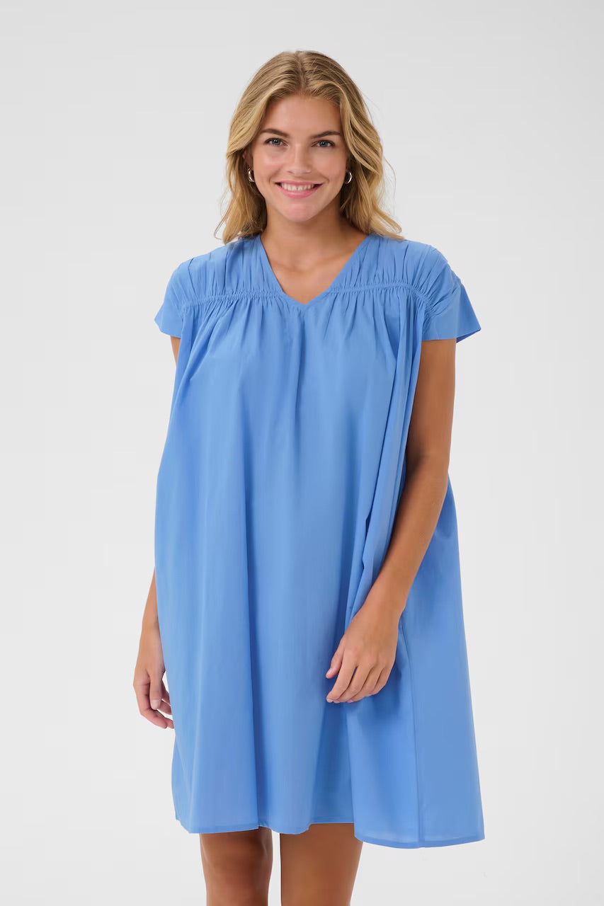 Kaffe KAThua Azure Blue Gathered V-Neck Mini Dress – Relaxed Fit Cap Sleeves Pockets | Women