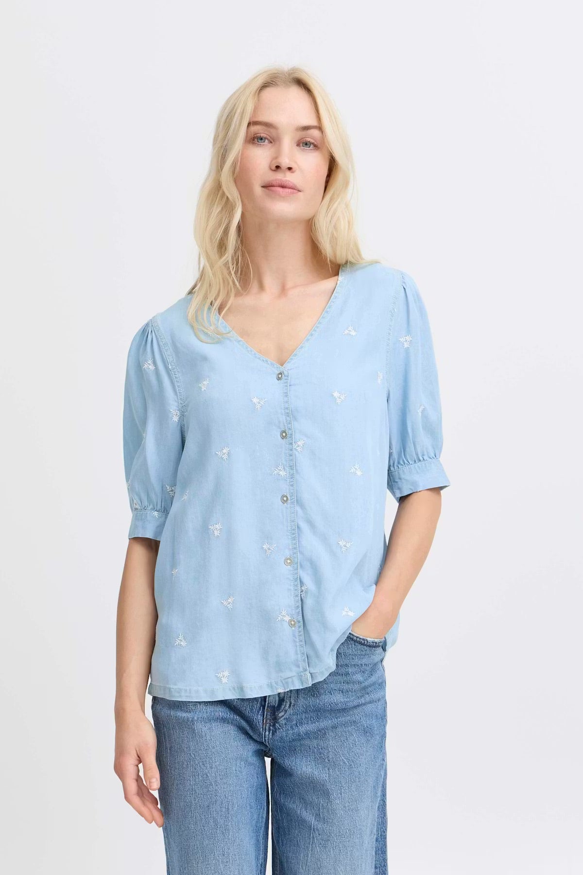 b.young Bykosmo Embroidered Floral Blouse - Light Blue