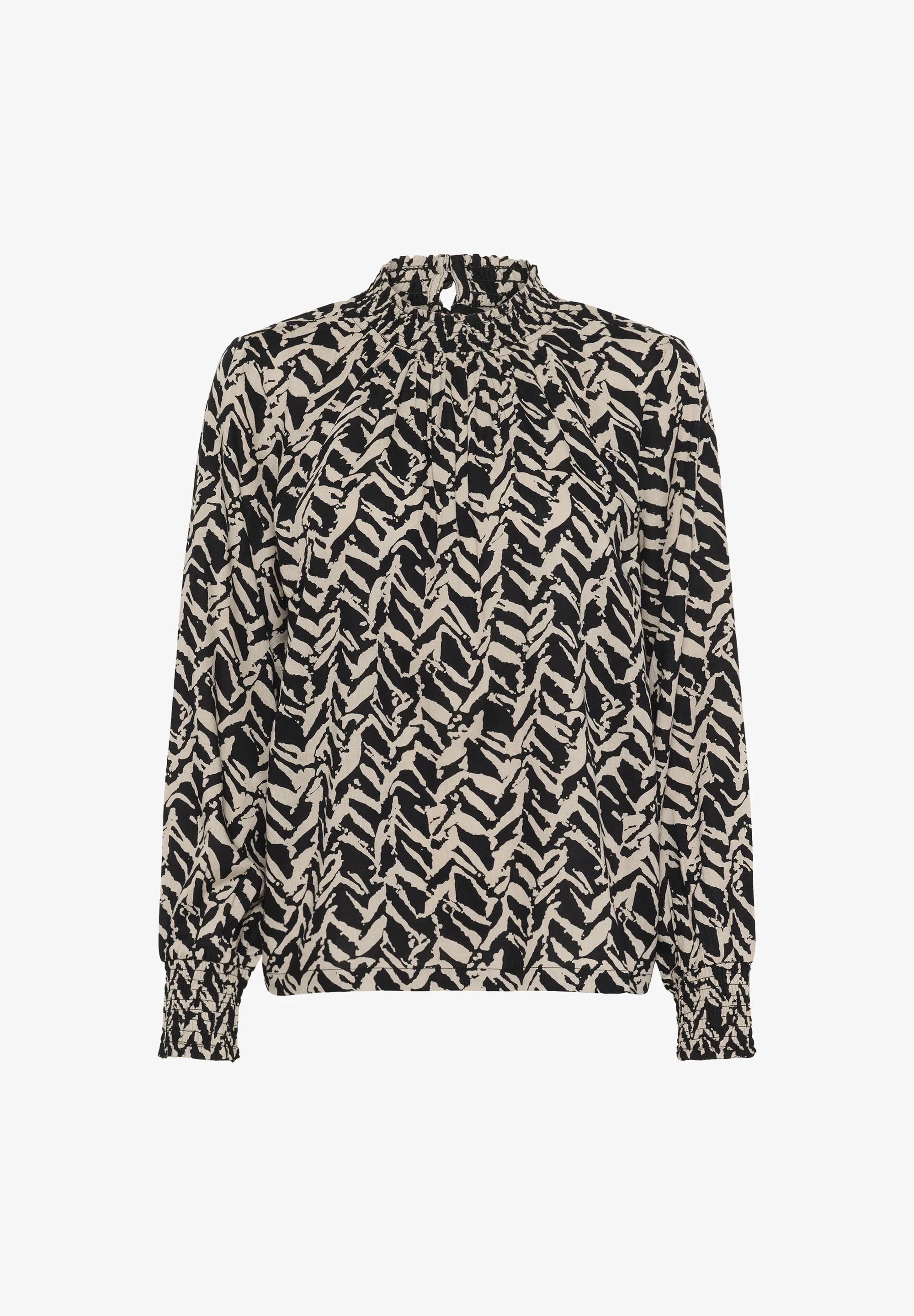 Kaffe KAdina Black Cream Abstract Zebra Print Smocked High Neck Blouse – Long Puff Sleeves Smocked Cuffs | Women