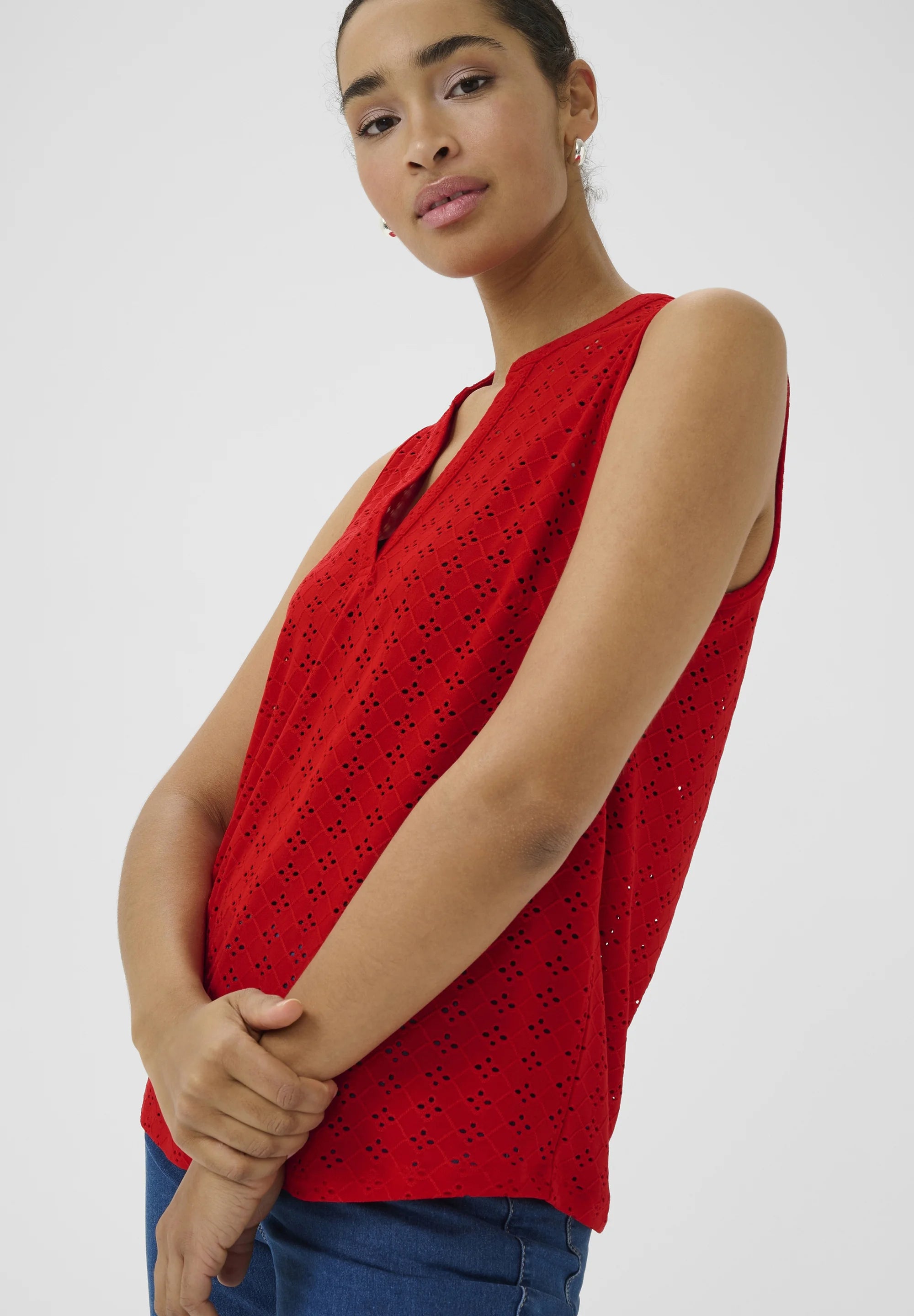 Kaffe KACARRIE Lollipop Red Broderie Anglaise Sleeveless Top – Split V-Neck Relaxed Fit | Women