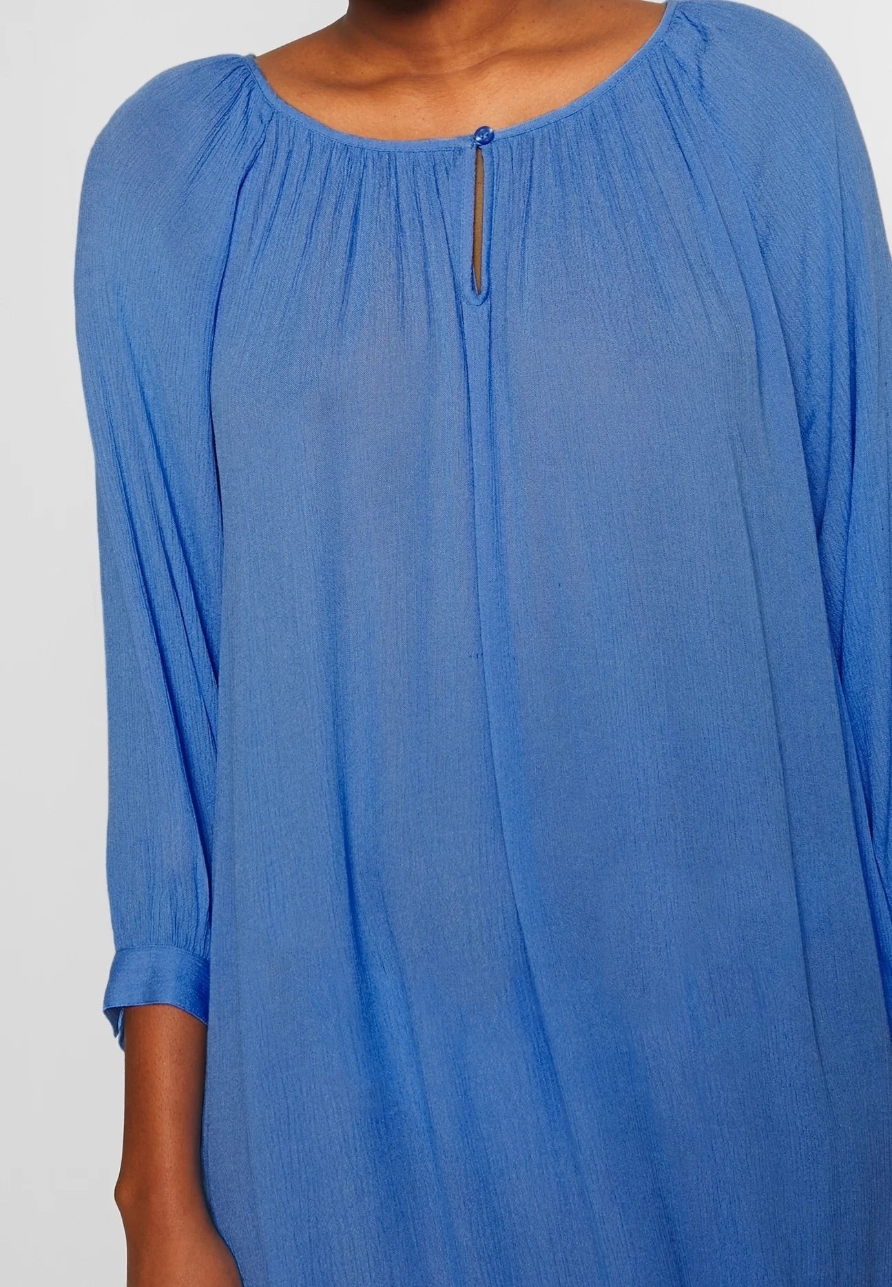 Kaffe KAamber Lettuce Blue Oversized Tunic – Gathered Round Neck Keyhole 3/4 Sleeves Button Cuff | Women