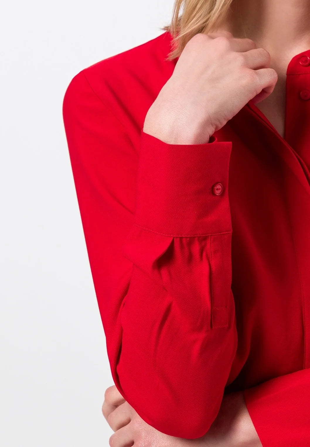 Zero Red Longline Crepe Blouse – Collarless Long Sleeve | Women
