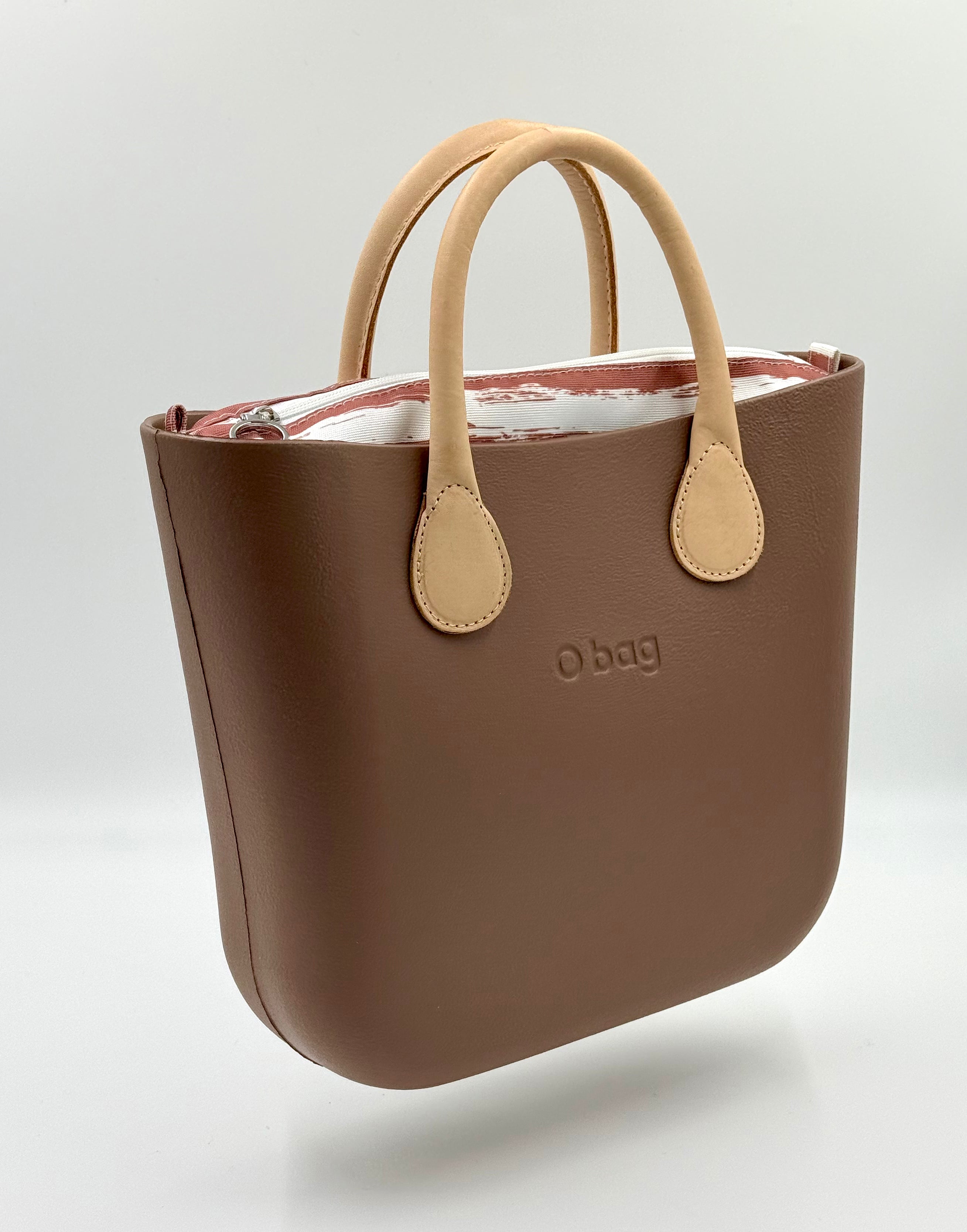 O bag Mini – taupe (greige) handbag with cream handles, striped zippered lining