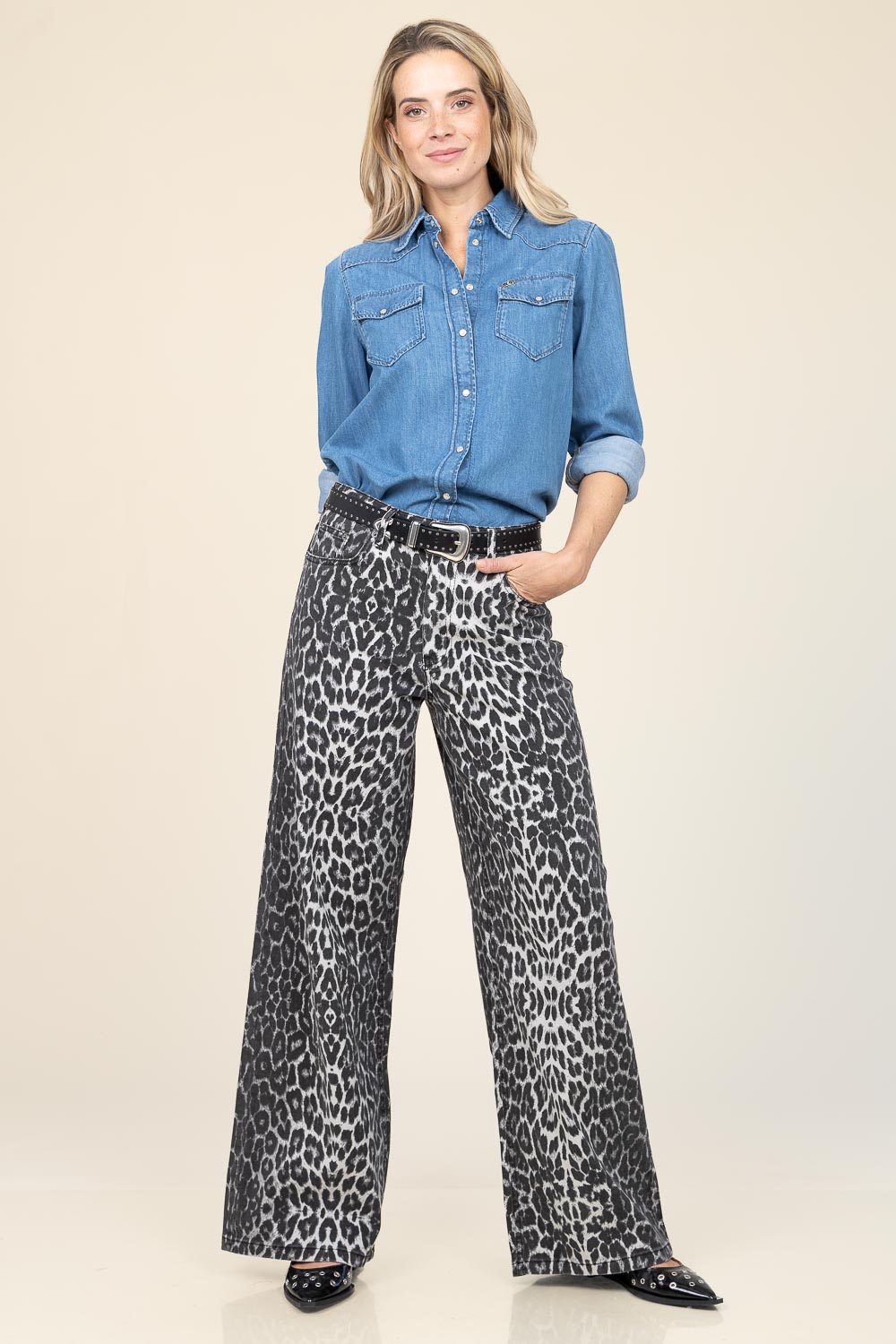 Co'couture Leo Leopard Wide-Leg Denim Trousers – Grey