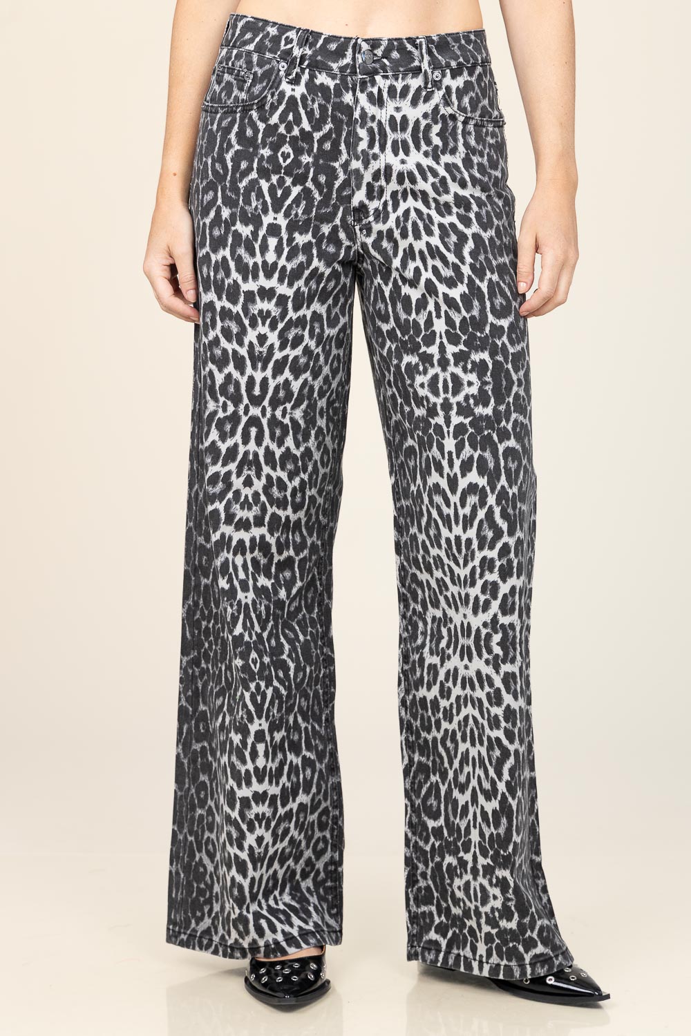 Co'couture Leo Leopard Wide-Leg Denim Trousers – Grey