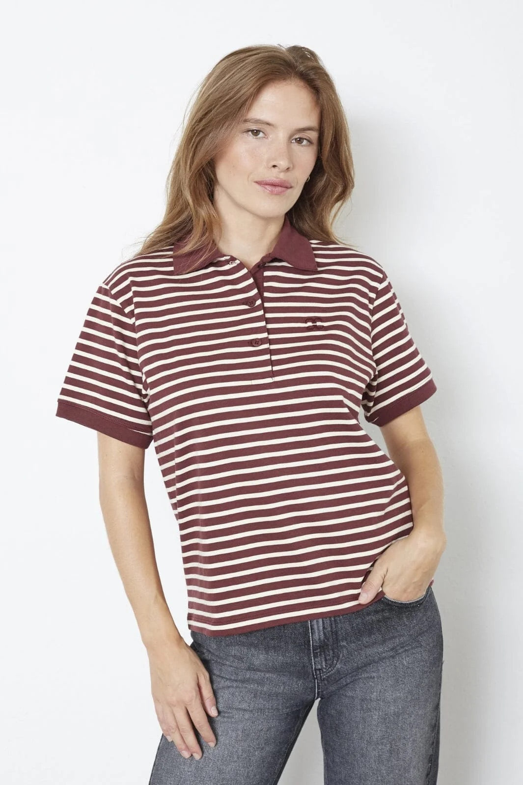 Co'couture Hayes CC Polo Short-Sleeve T-Shirt – Wine Red Stripe