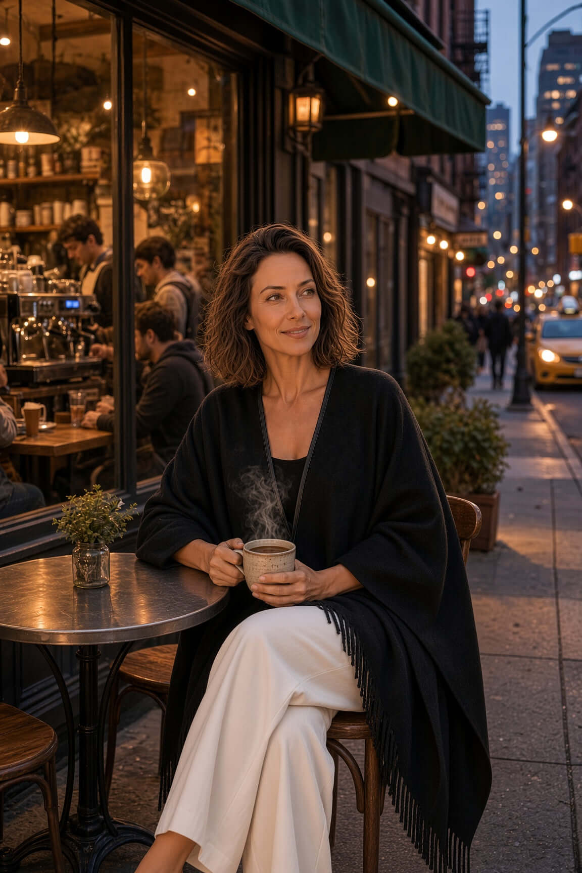 Woman enjoying coffee outdoors in a Marciano by Guess Wool Blend Fringed Cape – Black, showcasing designer fashion style.