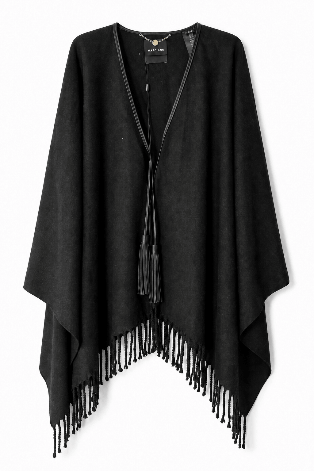 Marciano by Guess Wool Blend Fringed Cape – Black, stylish women's fashion poncho with elegant fringe, outlet designer clothing.