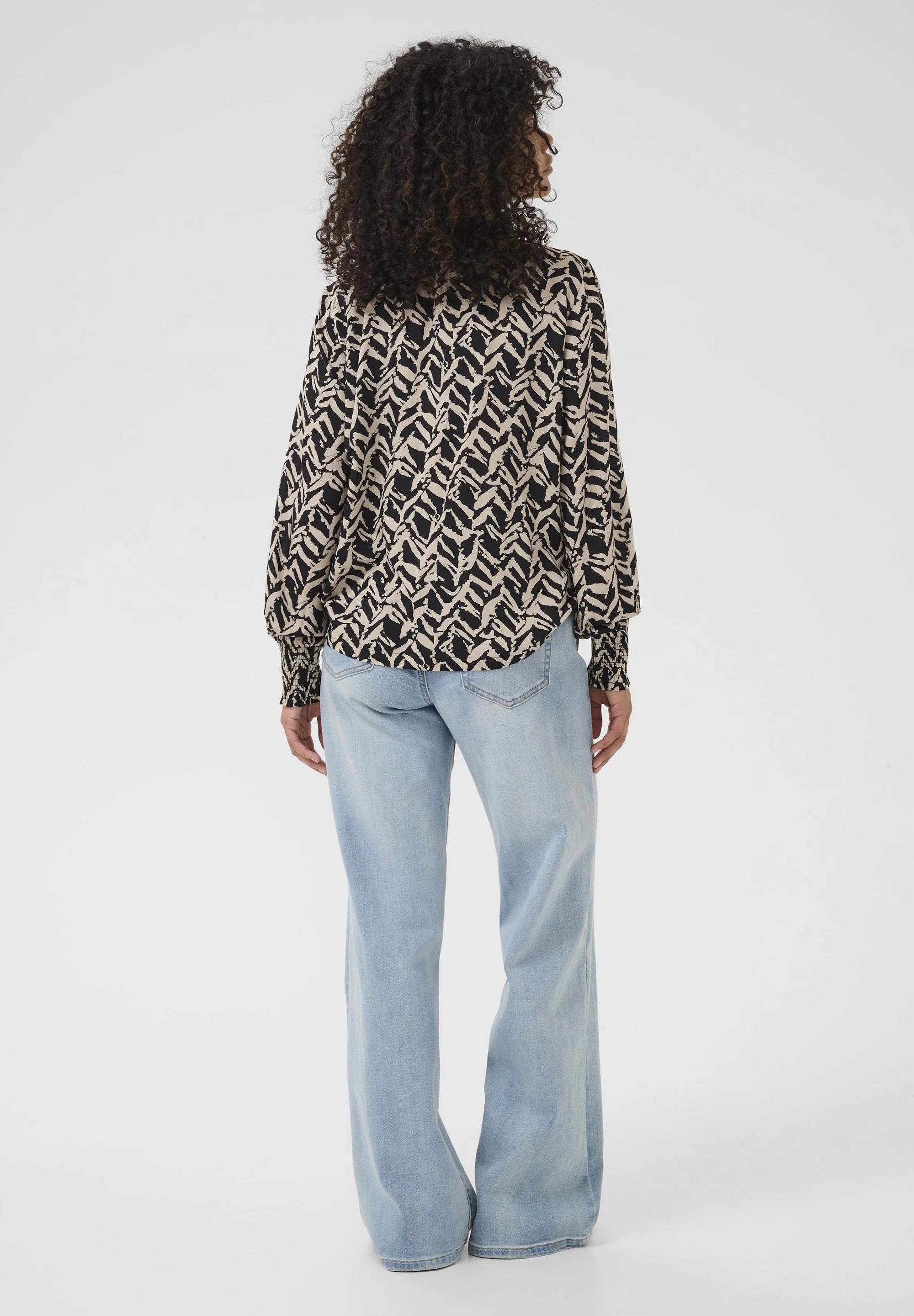 Kaffe KAdina Black Cream Abstract Zebra Print Smocked High Neck Blouse – Long Puff Sleeves Smocked Cuffs | Women