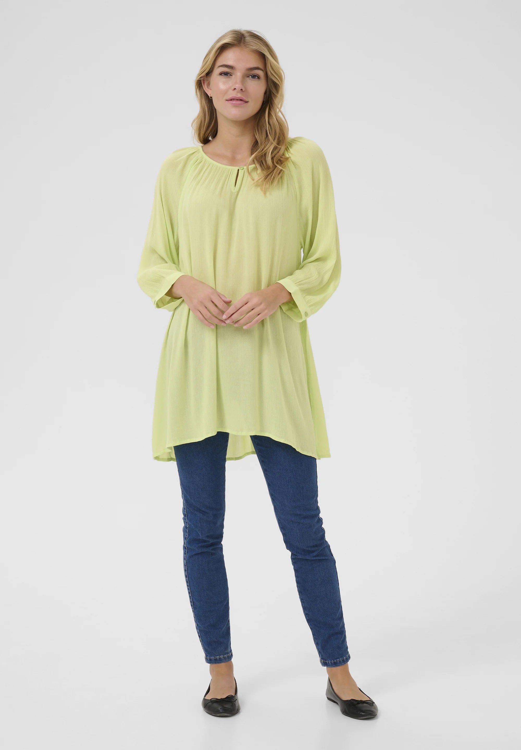 Kaffe KAamber Lettuce Green Oversized Tunic – Gathered Round Neck 3/4 Sleeves Relaxed Fit | Women