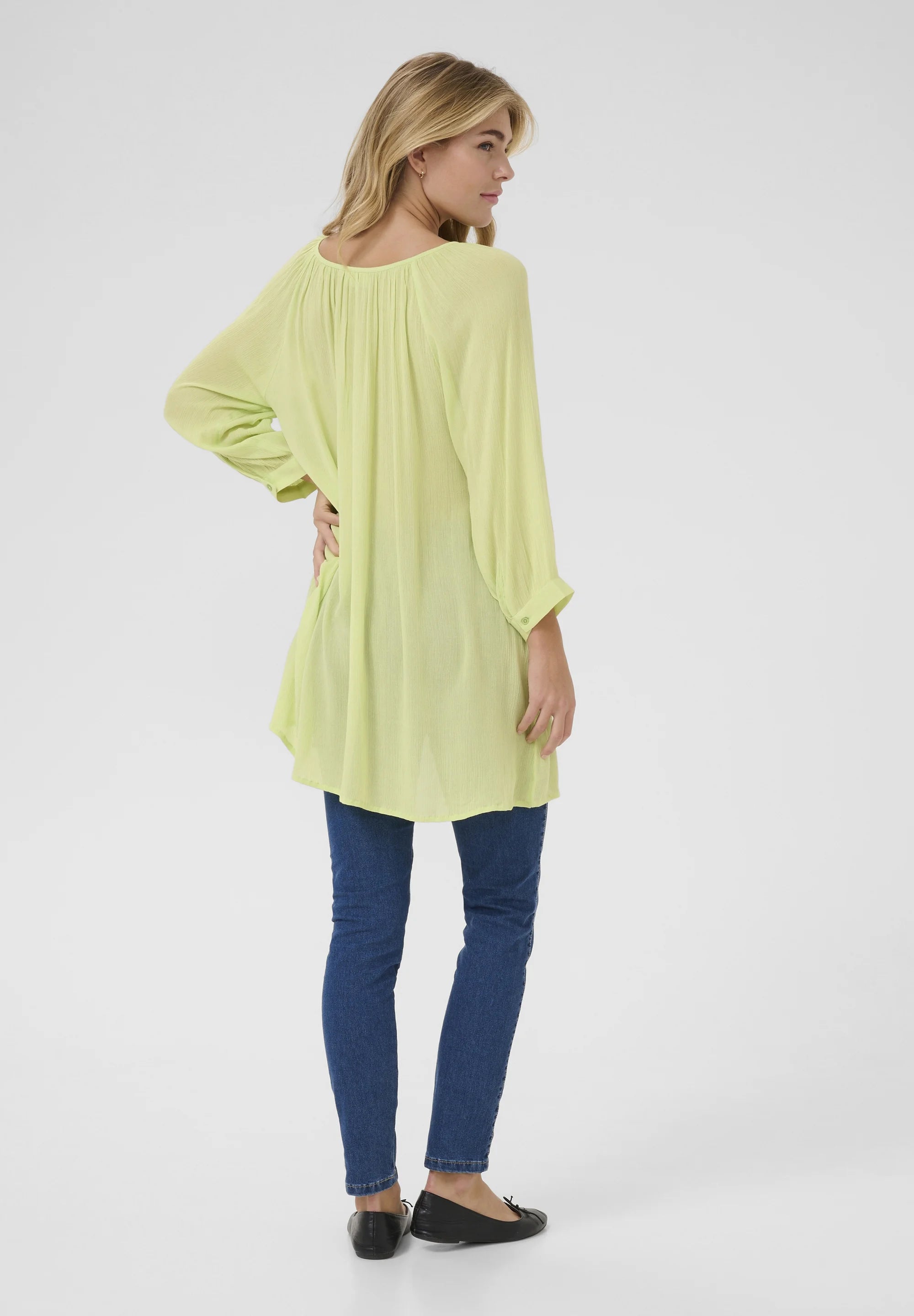 Kaffe KAamber Lettuce Green Oversized Tunic – Gathered Round Neck 3/4 Sleeves Relaxed Fit | Women