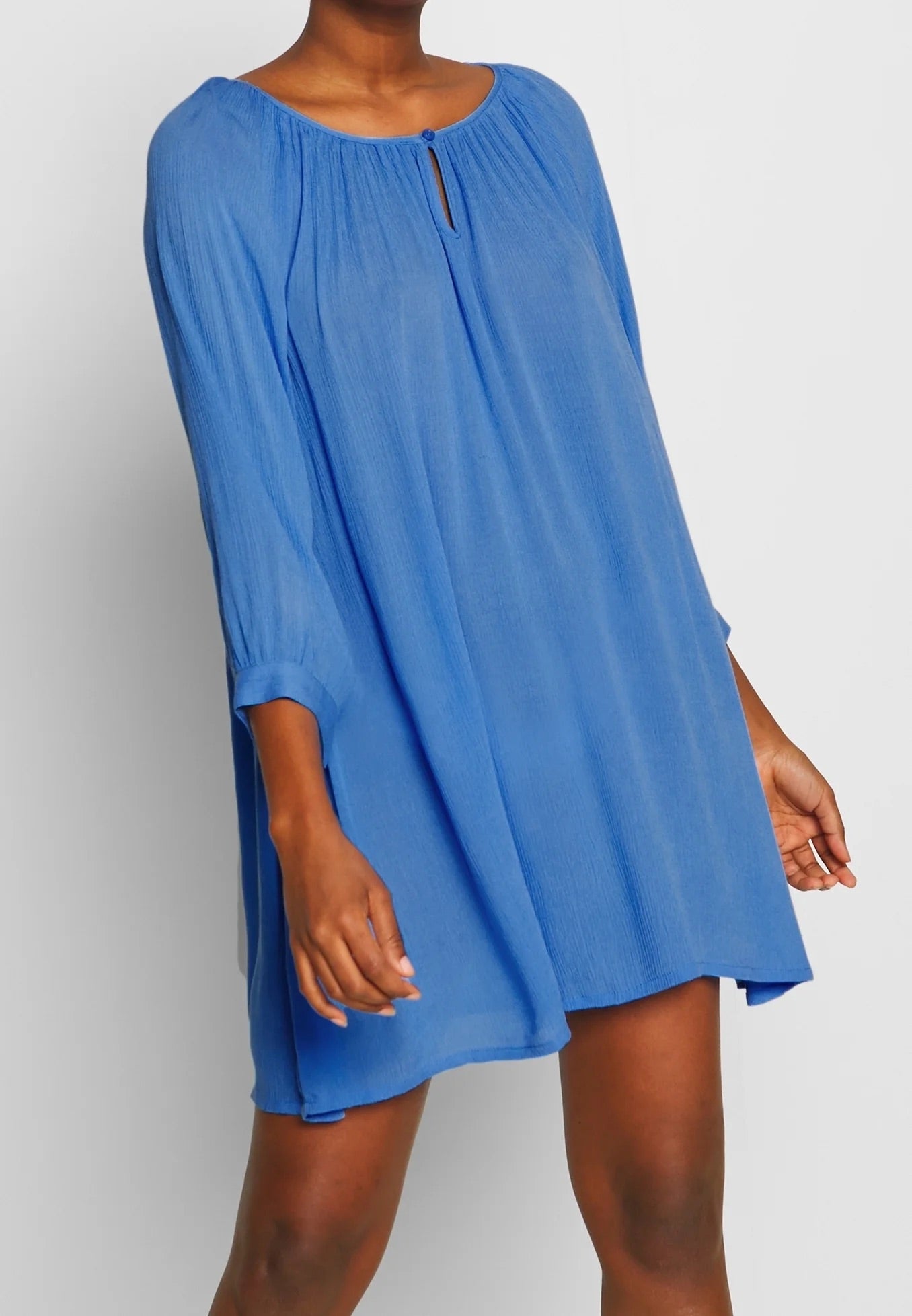 Kaffe KAamber Lettuce Blue Oversized Tunic – Gathered Round Neck Keyhole 3/4 Sleeves Button Cuff | Women