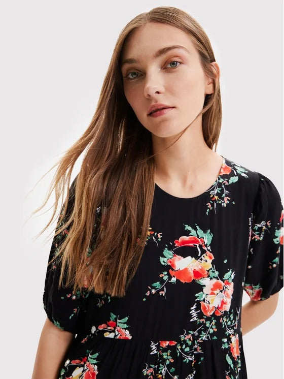 Desigual Florencia Floral Tiered Midi Dress – Black