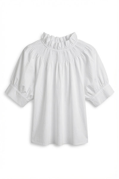 Feminin Flora Blouse – White | Women's Ruffle Neck Puff Sleeve Top