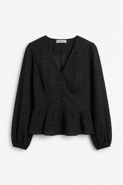 Neo Noir Peplum Blouse – Black | Women's Broderie V-Neck Top