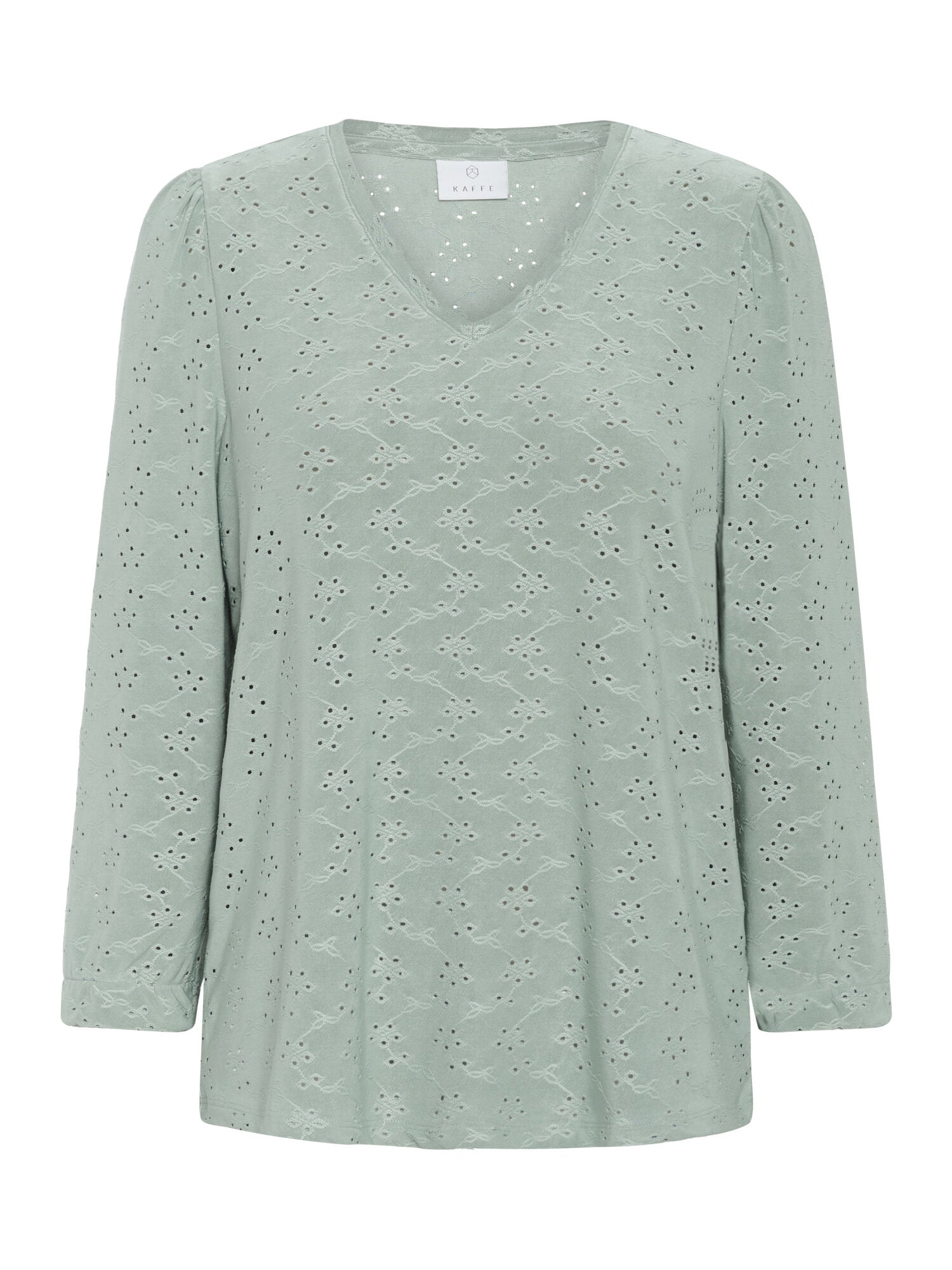 Kaffe KAenya Sage Green Broderie Anglaise Blouse – V-Neck Puff Sleeves Relaxed Fit | Women