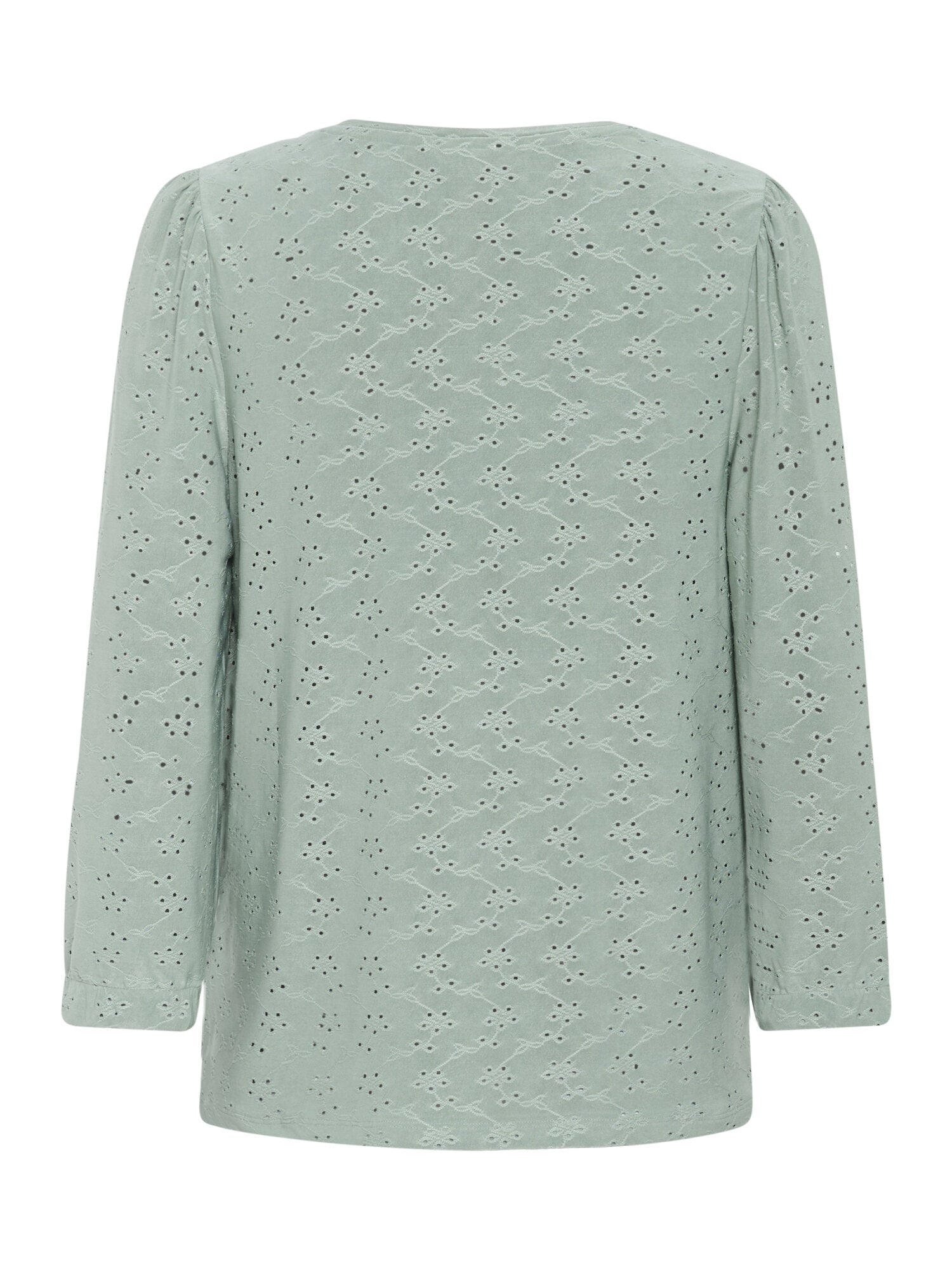 Kaffe KAenya Sage Green Broderie Anglaise Blouse – V-Neck Puff Sleeves Relaxed Fit | Women