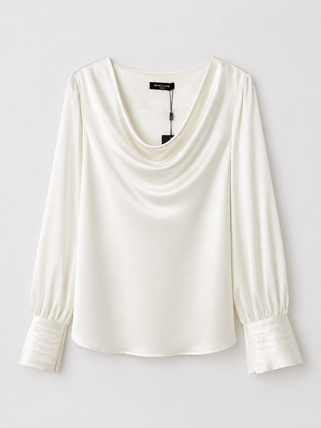 Marciano by Guess Cowl Neck Satin Blouse – Cream, elegant women's fashion top with voluminous sleeves, premium designer clothing.