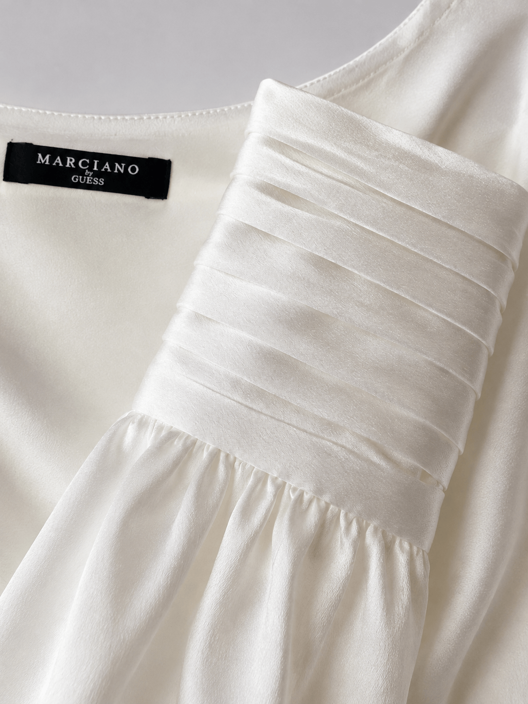 Marciano by Guess Cowl Neck Satin Blouse – Cream fabric detail showcasing premium women's fashion designer clothing.