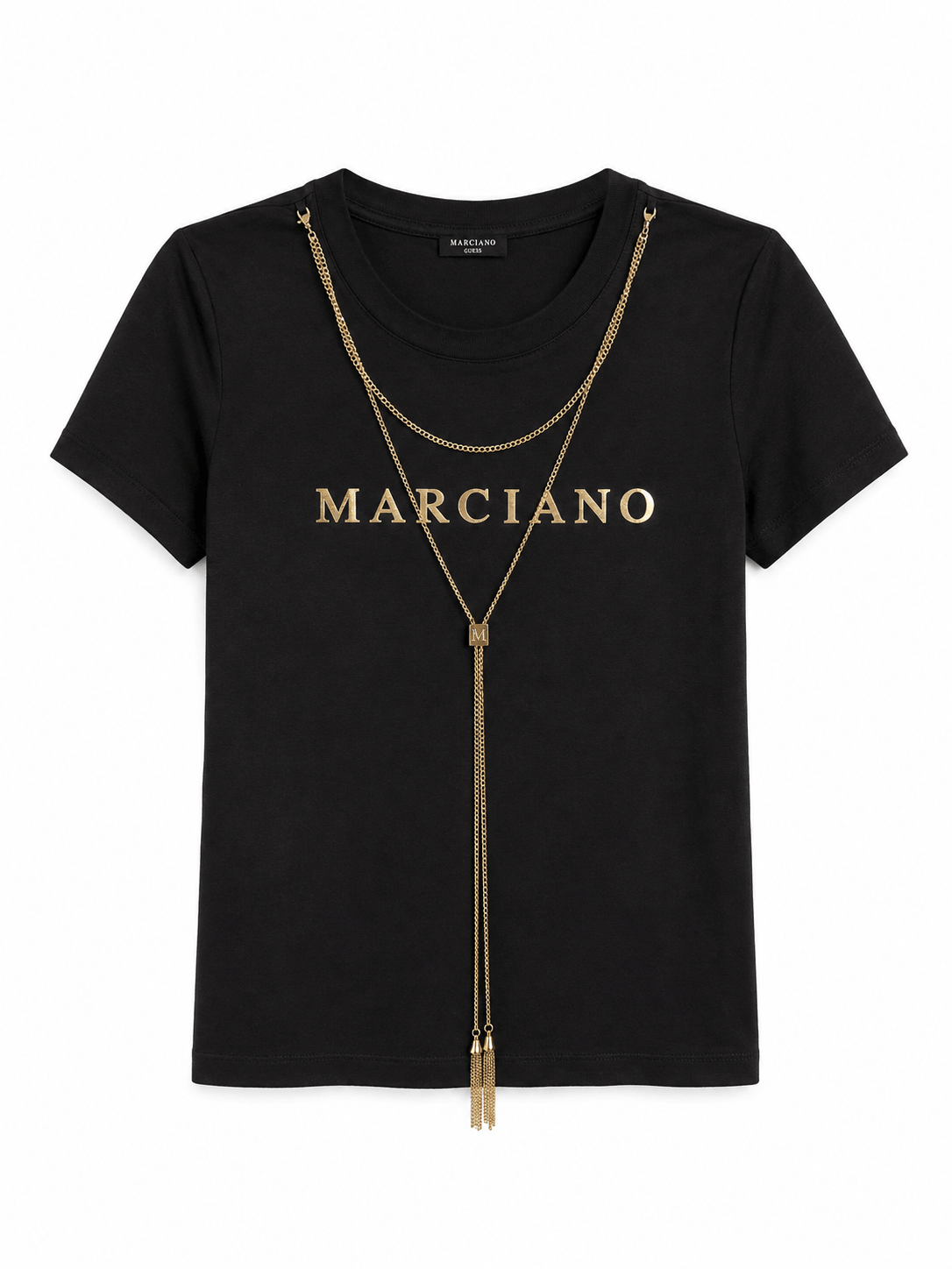 Marciano by Guess Logo T-Shirt with Gold Chain Necklace – Black, premium women's fashion top with gold foil logo and necklace.