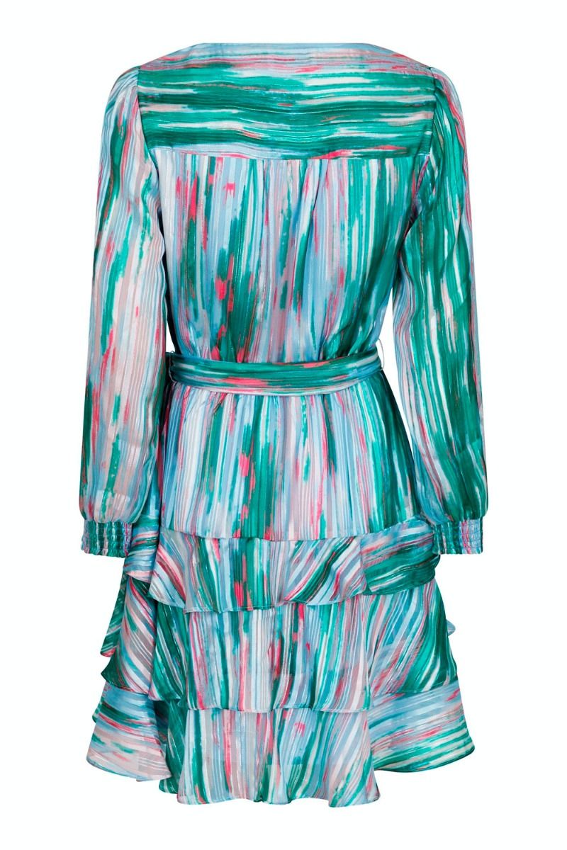 Neo Noir Dennie Blurred Stripe Green Mini Dress – Tiered Ruffle Wrap Belt | Women
