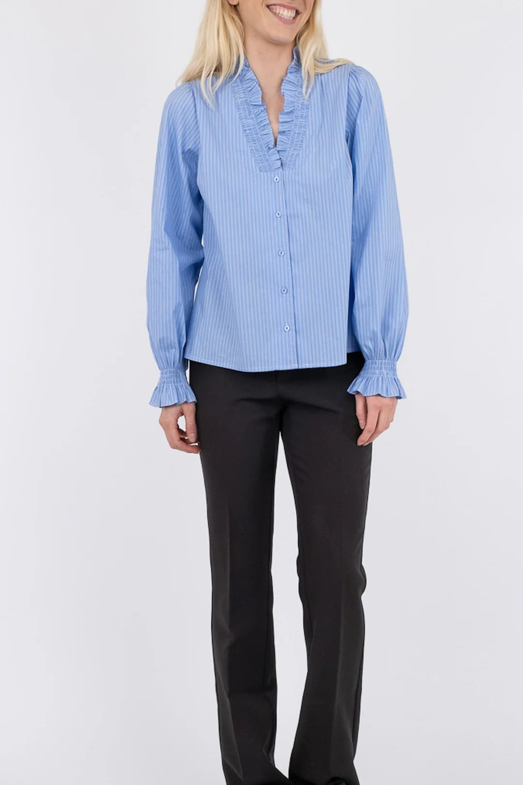 Neo Noir Brielle Stripe Light Blue Shirt – Ruffle Collar Smocked Cuffs | Women
